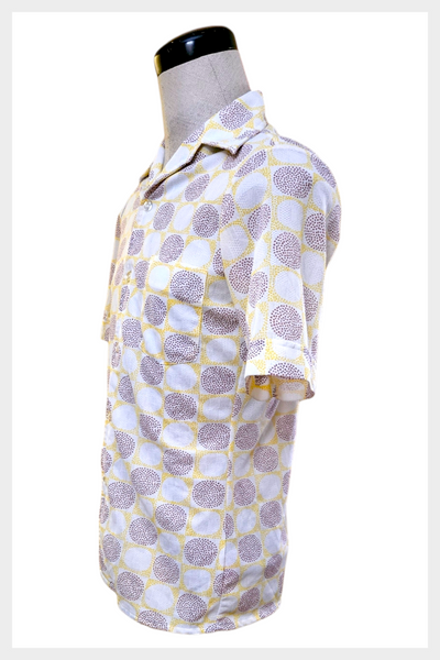 1970s atomic novelty print leisure w pointed collar semi sheer mens shirt | Size M