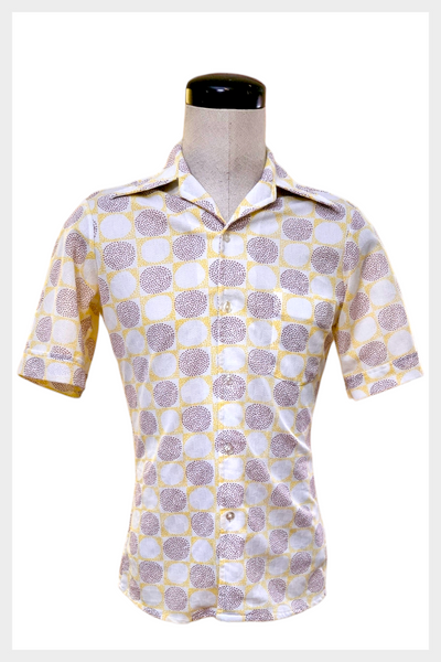 1970s atomic novelty print leisure w pointed collar semi sheer mens shirt | Size M