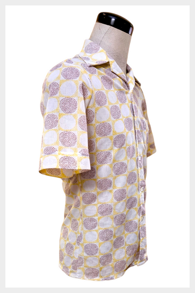 1970s atomic novelty print leisure w pointed collar semi sheer mens shirt | Size M