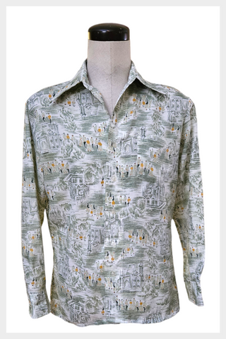 1960s travel novelty print No Iron lightweight long sleeve shirt | Size M