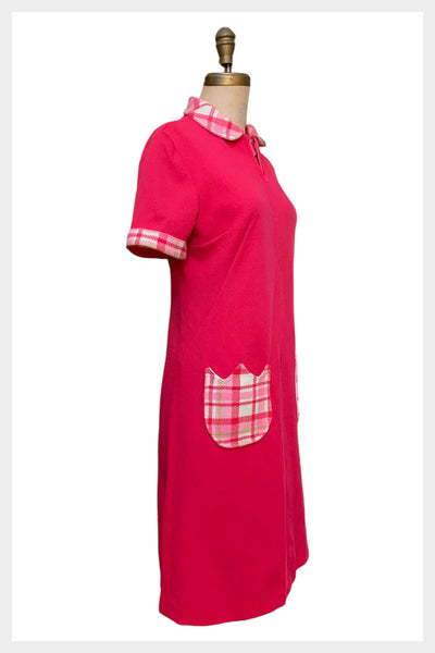 1960s mod shift dress | 60s fushia dress with plaid tulip pockets | size medium