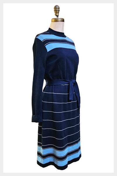 1970 blue sweater dress | 70s a-line knit dress | size large