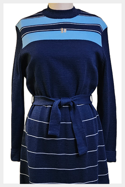 1970 blue sweater dress | 70s a-line knit dress | size large