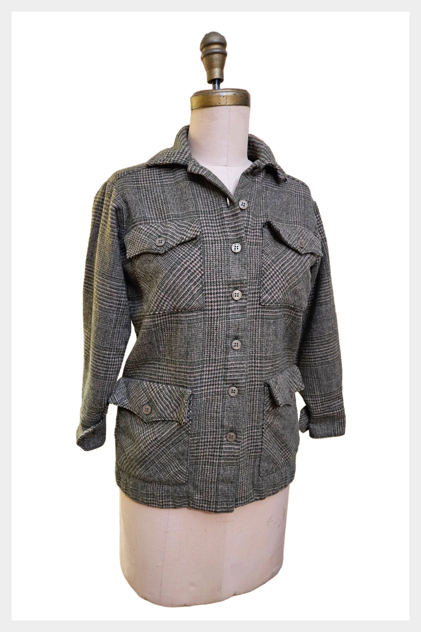 1970s sage green plaid on coffee brown blazer | vintage 70s tweed shacket | small petite