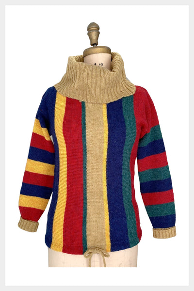 1970s cowl neck striped multi-coloured sweater with drawstring waist | size small