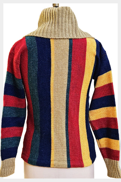 1970s cowl neck striped multi-coloured sweater with drawstring waist | size small