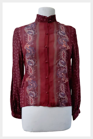 Vintage 1980s paisley and calico print burgundy blouse | 80s mandarin collared work appropriate blouse | Size small