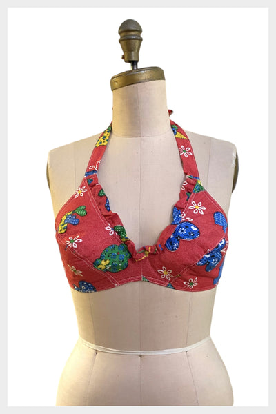 1970s novelty print boho halter top | vintage 70s rockabilly bra top | beach party pin up top | 34C