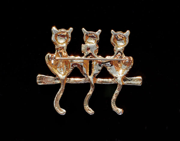 1960s vintage cat brooch | 60s gold tone and rhinestone kitty pin