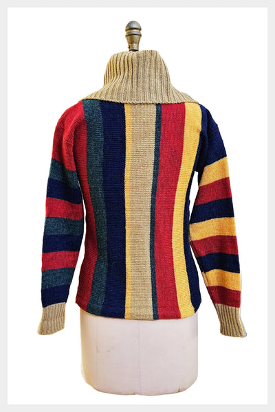 1970s cowl neck striped multi-coloured sweater with drawstring waist | size small