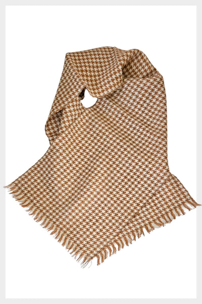 Vintage 80s / 90s houndstooth golden brown and creamy white fringed dress scarf (Copy)