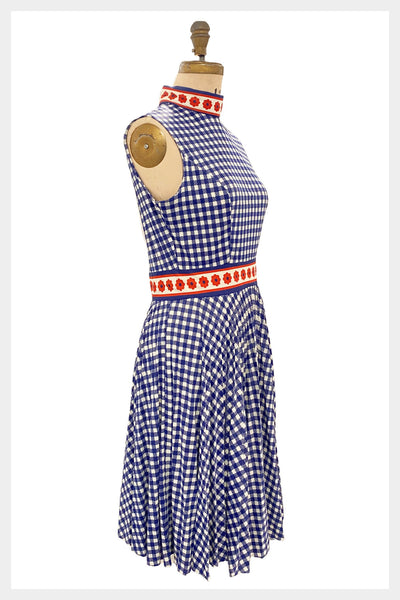 1960s blue and white check summer dress with red daisy design and pleated skirt by Domino | size medium
