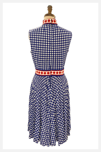 1960s blue and white check summer dress with red daisy design and pleated skirt by Domino | size medium