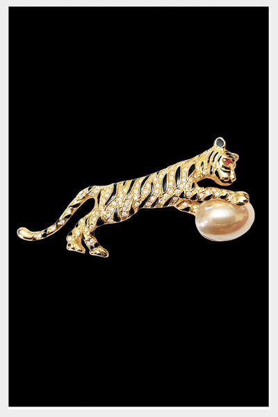 1980s vintage circus tiger statement brooch | large 3.5" enamel and rhinestone tiger pin