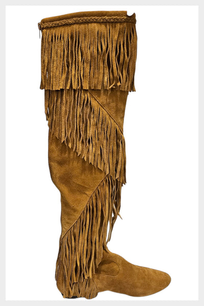 RETRO Y2K Sam Edleman over the knee flat fringed suede boots | Size women's 8