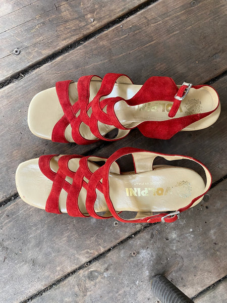 1970s Volpini red suede & cork sole platform Italian sandals | 7 - 7 half