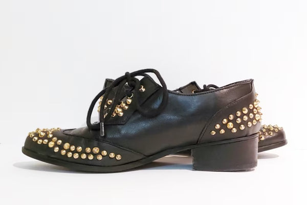 Vintage 1980s black leather brass studded oxfords | Made in Spain | Size 37 or 6 1/2