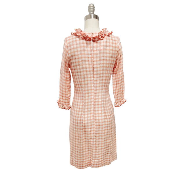 Vintage 60s Gingham Dress: Red White Ruffle Sheath, XS