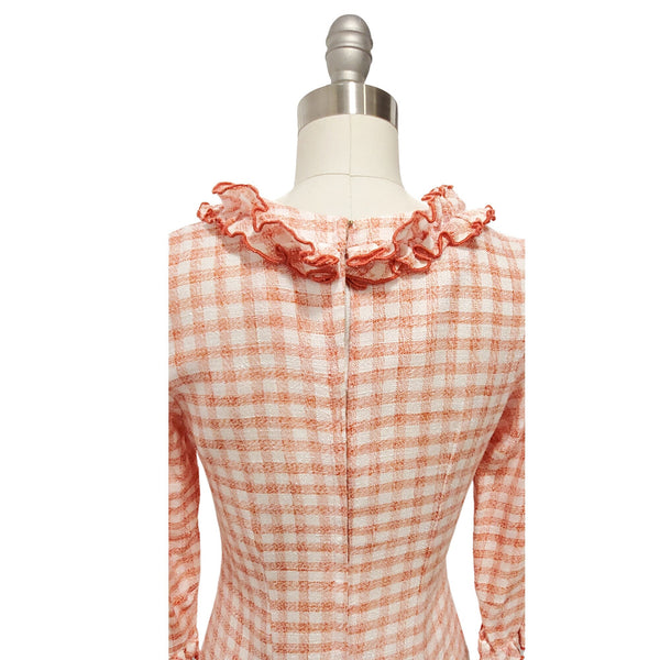 Vintage 60s Gingham Dress: Red White Ruffle Sheath, XS