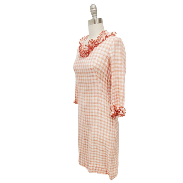 Vintage 60s Gingham Dress: Red White Ruffle Sheath, XS