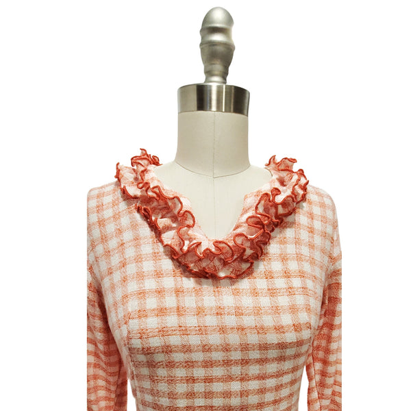 Vintage 60s Gingham Dress: Red White Ruffle Sheath, XS