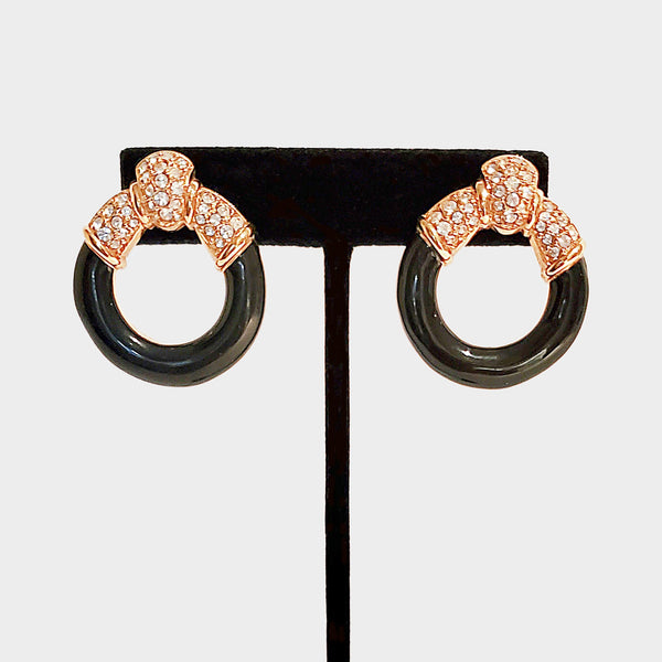 Vintage Swarovski Crystal Rhinestone Hoop Earrings: 1980s Gold & Black