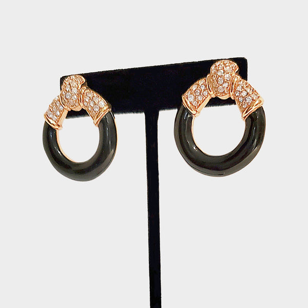 Vintage Swarovski Crystal Rhinestone Hoop Earrings: 1980s Gold & Black