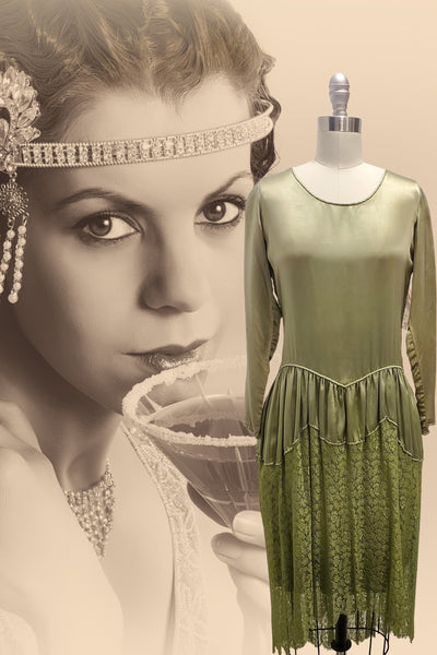 1920s Green Silk Lace Dress: Art Deco Drop Waist, Size Small