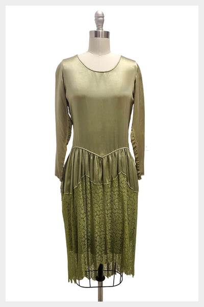 1920s Green Silk Lace Dress: Art Deco Drop Waist, Size Small