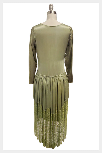 1920s Green Silk Lace Dress: Art Deco Drop Waist, Size Small