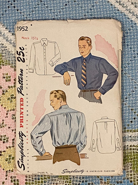 1940s Men's Shirt Sewing Pattern: Simplicity 1952, Neck 15 1/2, Uncut