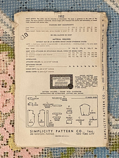 1940s Men's Shirt Sewing Pattern: Simplicity 1952, Neck 15 1/2, Uncut