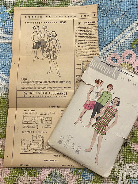 1950s Butterick Sewing Pattern 8641: Bust 38, Chemise & Pedal Pushers
