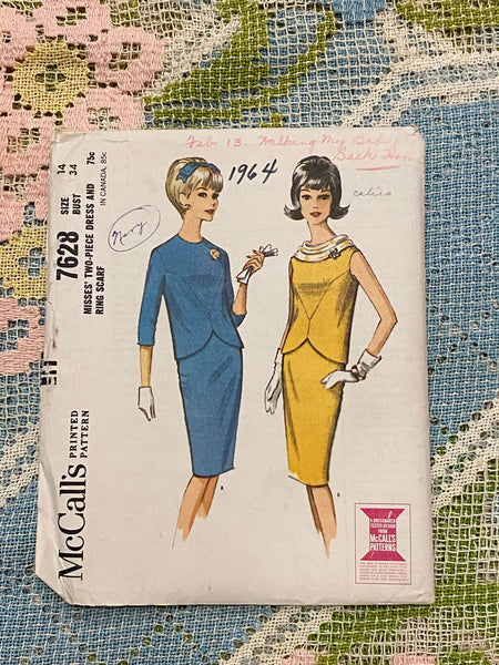 1960s Two-Piece Dress Sewing Pattern | McCall's 7628, Bust 34