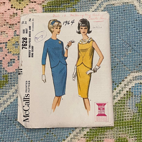 1960s Two-Piece Dress Sewing Pattern | McCall's 7628, Bust 34