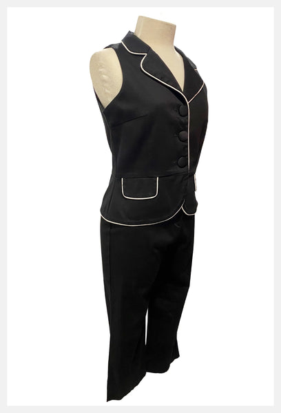 1980s Black Pant Suit: Capri Vest Set, Size Medium