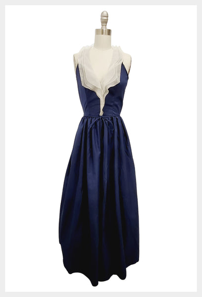 1970s Blue Halter Party Dress: Ruffle Detail, Size XS