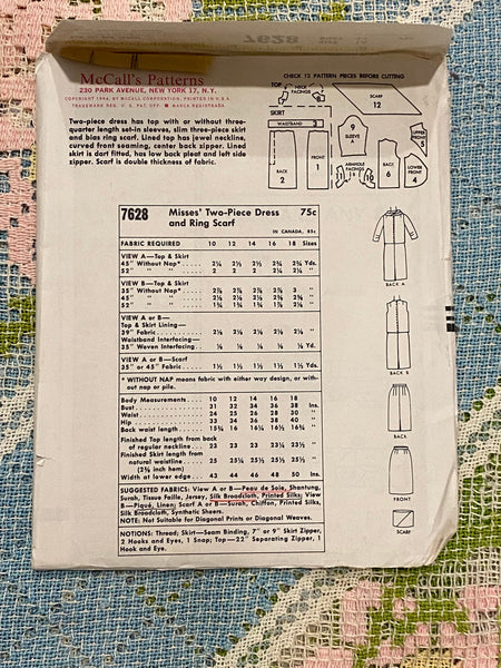 1960s Two-Piece Dress Sewing Pattern | McCall's 7628, Bust 34