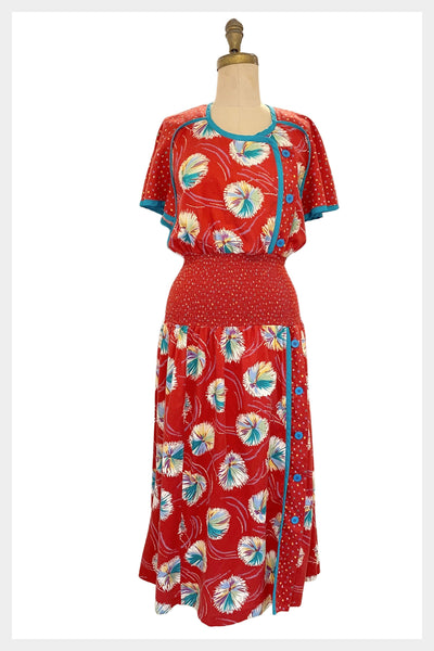 1980s Jeanne Marc Abstract Print Dress: Boho Day Dress (Medium)