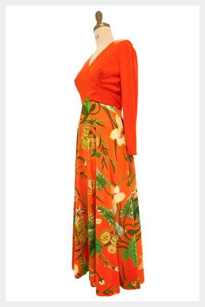 1970s orange floral maxi dress | 70s large print all in one dress