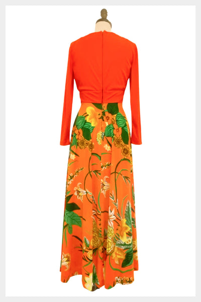 1970s orange floral maxi dress | 70s large print all in one dress