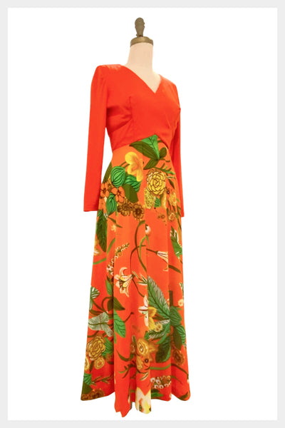 1970s orange floral maxi dress | 70s large print all in one dress