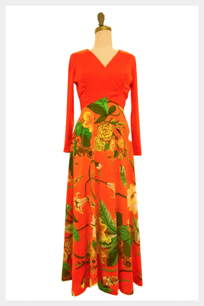 1970s orange floral maxi dress | 70s large print all in one dress