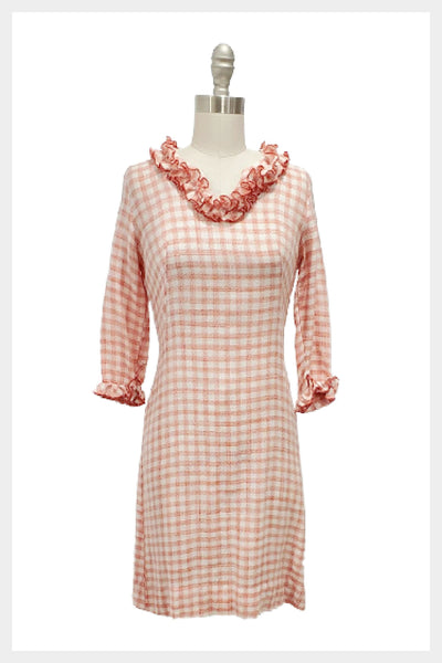 Vintage 60s Gingham Dress: Red White Ruffle Sheath, XS