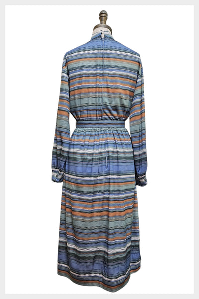 1970s striped belted button front day dress | medium - large