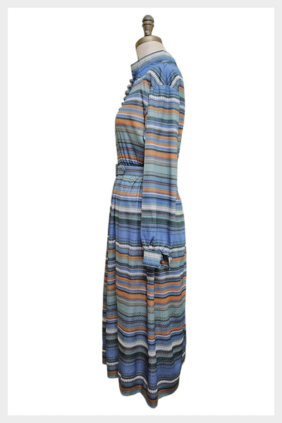 1970s striped belted button front day dress | medium - large