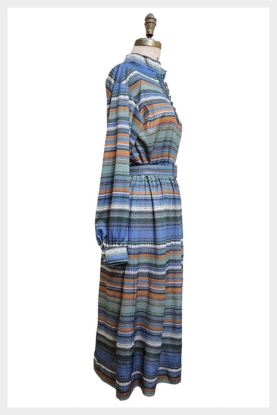 1970s striped belted button front day dress | medium - large