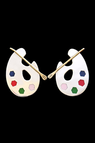 80s Mexican Sterling Silver Artist Palette Clip On Earrings