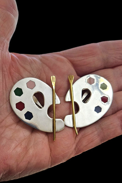 80s Mexican Sterling Silver Artist Palette Clip On Earrings