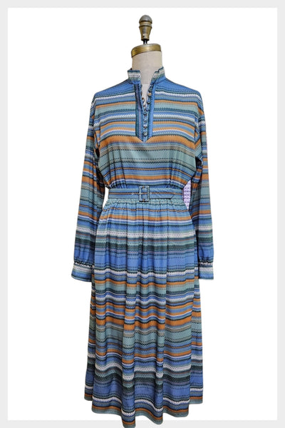 1970s striped belted button front day dress | medium - large